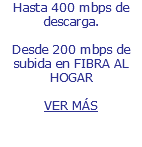 Internet con velocidades de hasta 400 mbps de descarga. Desde 200 mbps de subida en FIBRA AL HOGAR VER MÁS